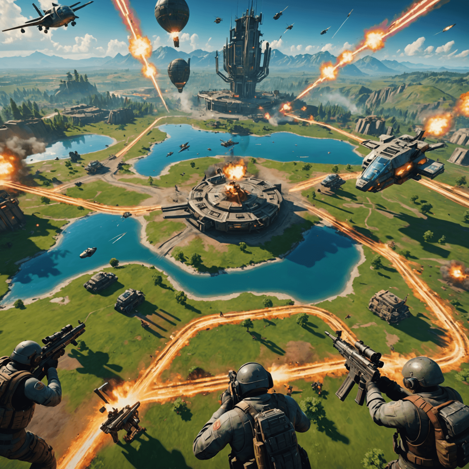 Grafika przedstawiająca dynamiczną scenę z gry battle royale, gdzie kilku graczy walczy na kolorowej, futurystycznej mapie