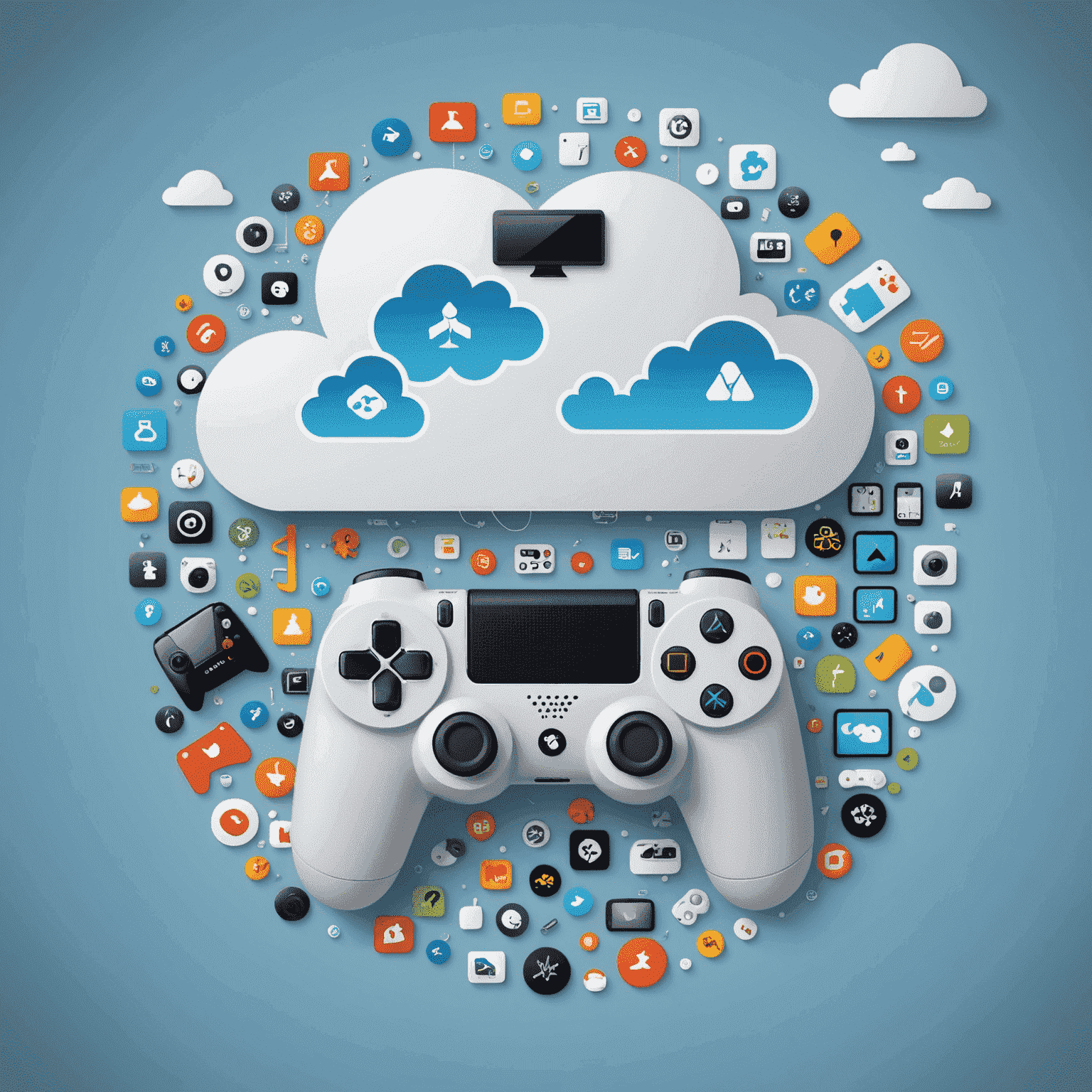 Ilustracja przedstawiająca chmurę z ikonami kontrolerów do gier i urządzeń mobilnych, symbolizująca cloud gaming