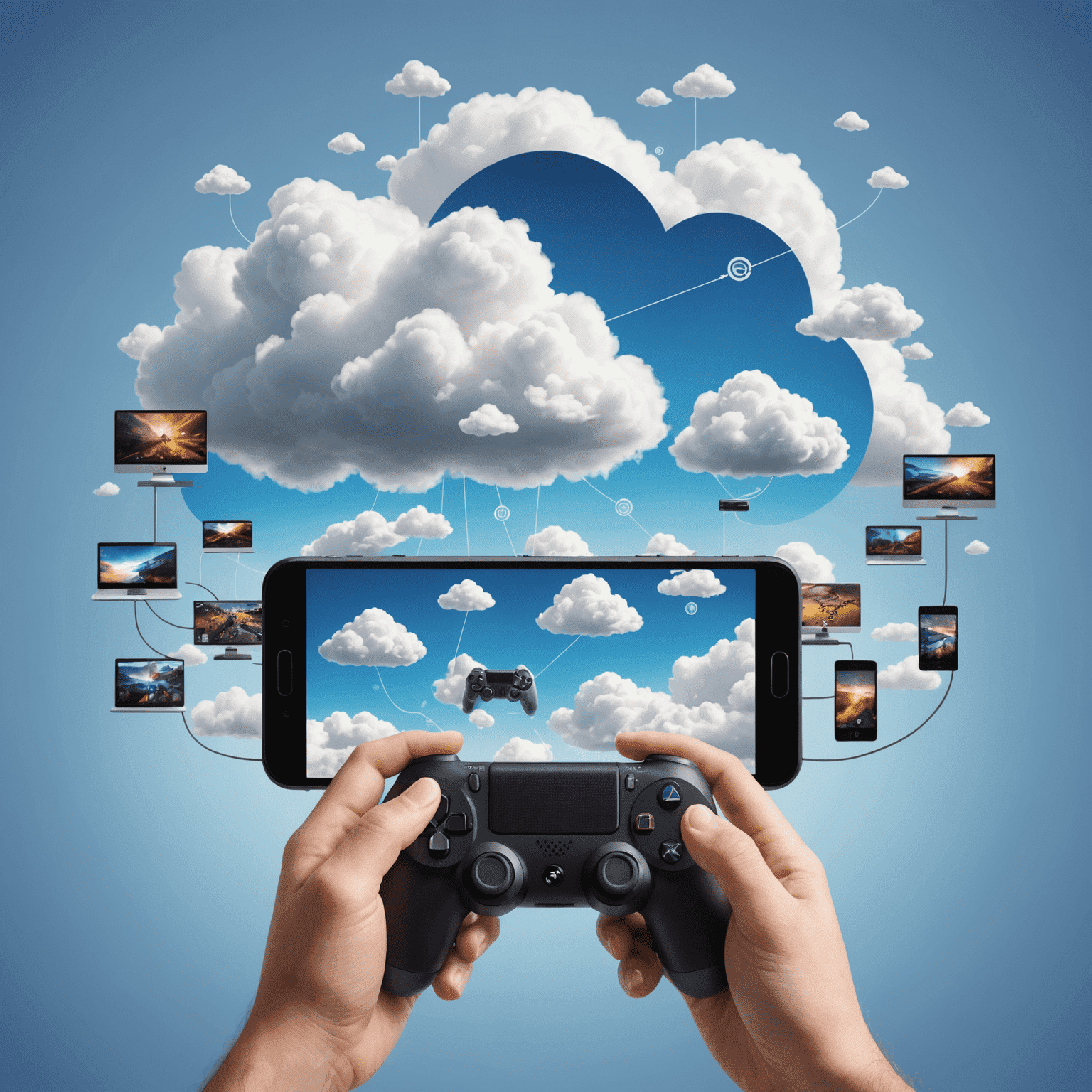 Ilustracja przedstawiająca koncepcję cloud gamingu, z urządzeniami połączonymi z chmurą, z której strumieniują się gry